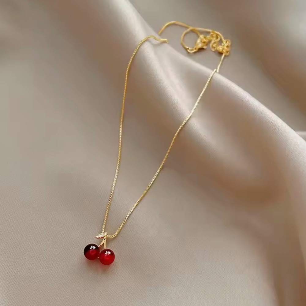 ✨ Gold Plated Cherry Pendant Necklace | Red Bead Charm | Cute Minimalist Jewelry
